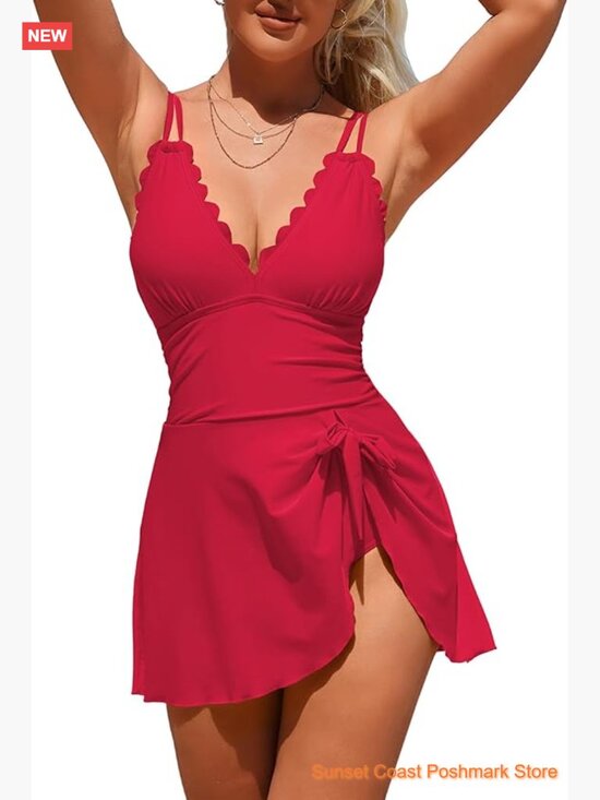 Other - Tummy Control One Piece Swim Dress Scalloped Modest Tie Knot Bathing Suit